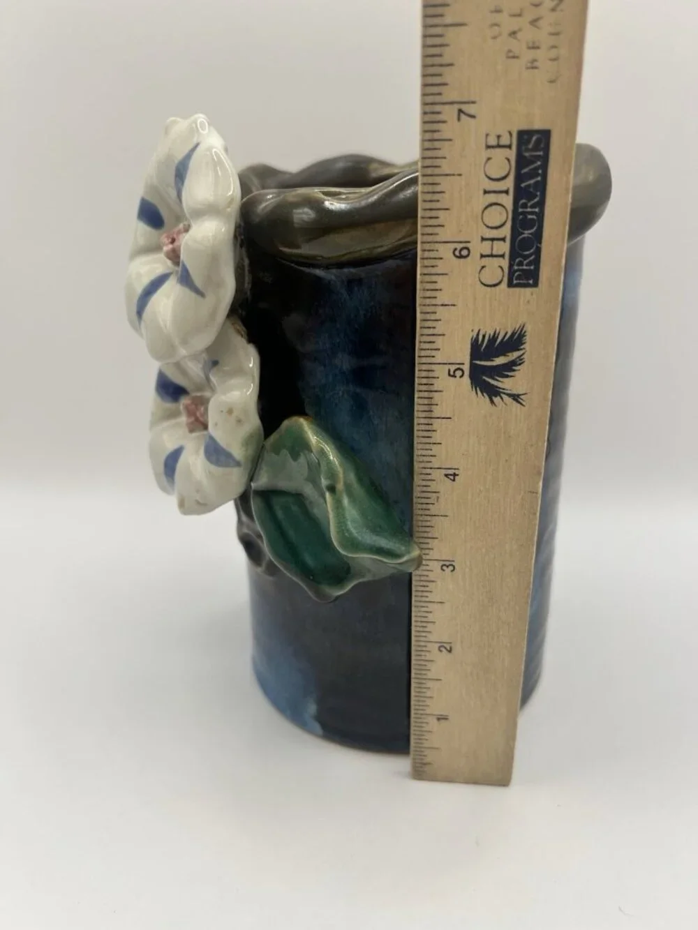 Handmade Studio Pottery Vase Blue Drip Glaze Floral Applied Art Vase Majolica￼